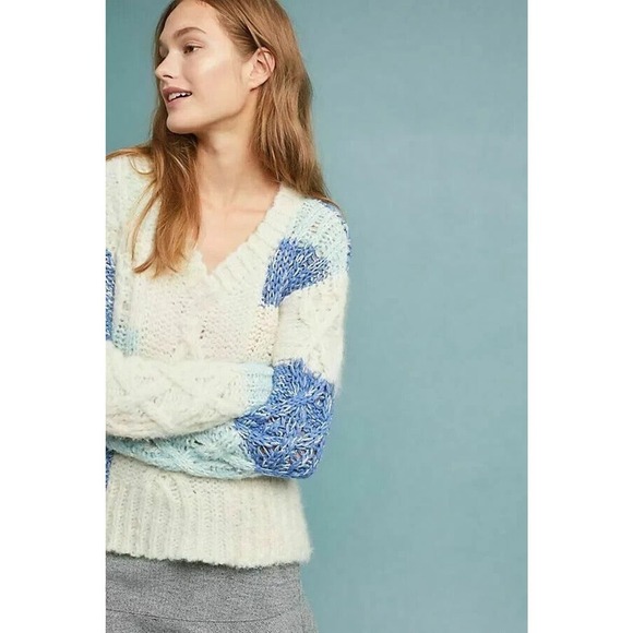 Anthropologie Handknit & Heartfelt Patchwork Cable Knit Sweater Small Alpaca - Picture 2 of 10